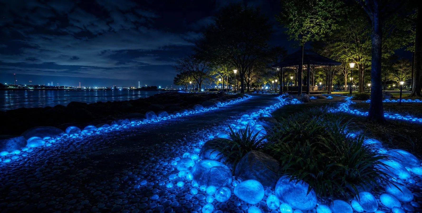 Phosphorescent pigments in landscaping for glowing pathways and ambient outdoor lighting