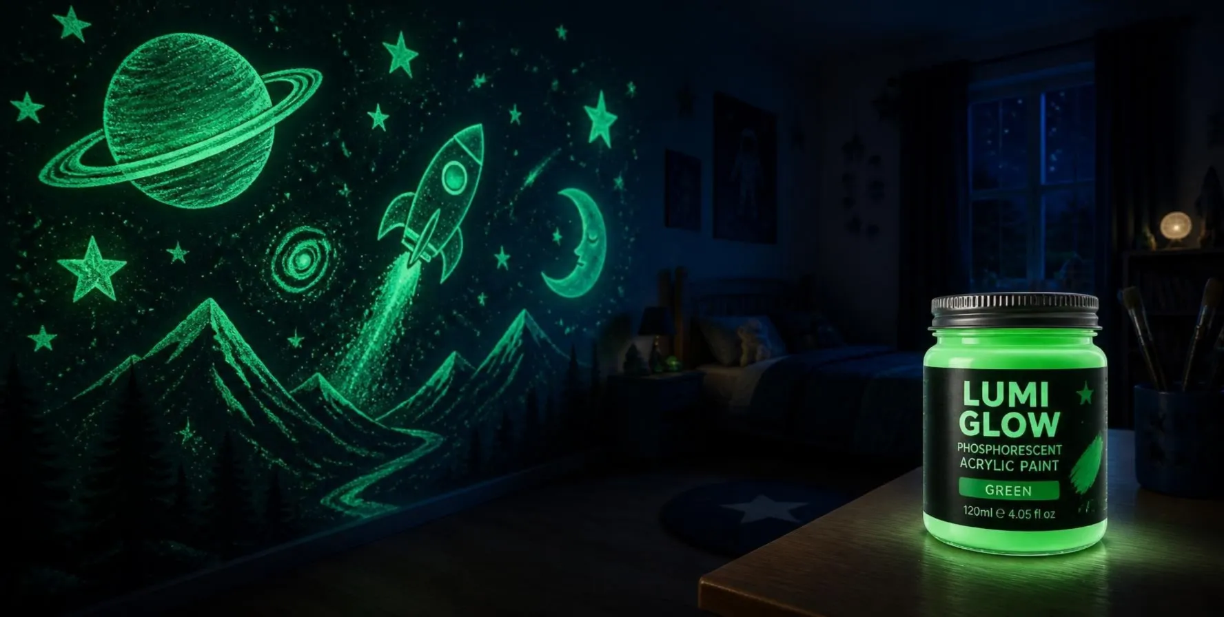 Phosphorescent pigments in decorative paints for ambient nighttime decor and visual impact
